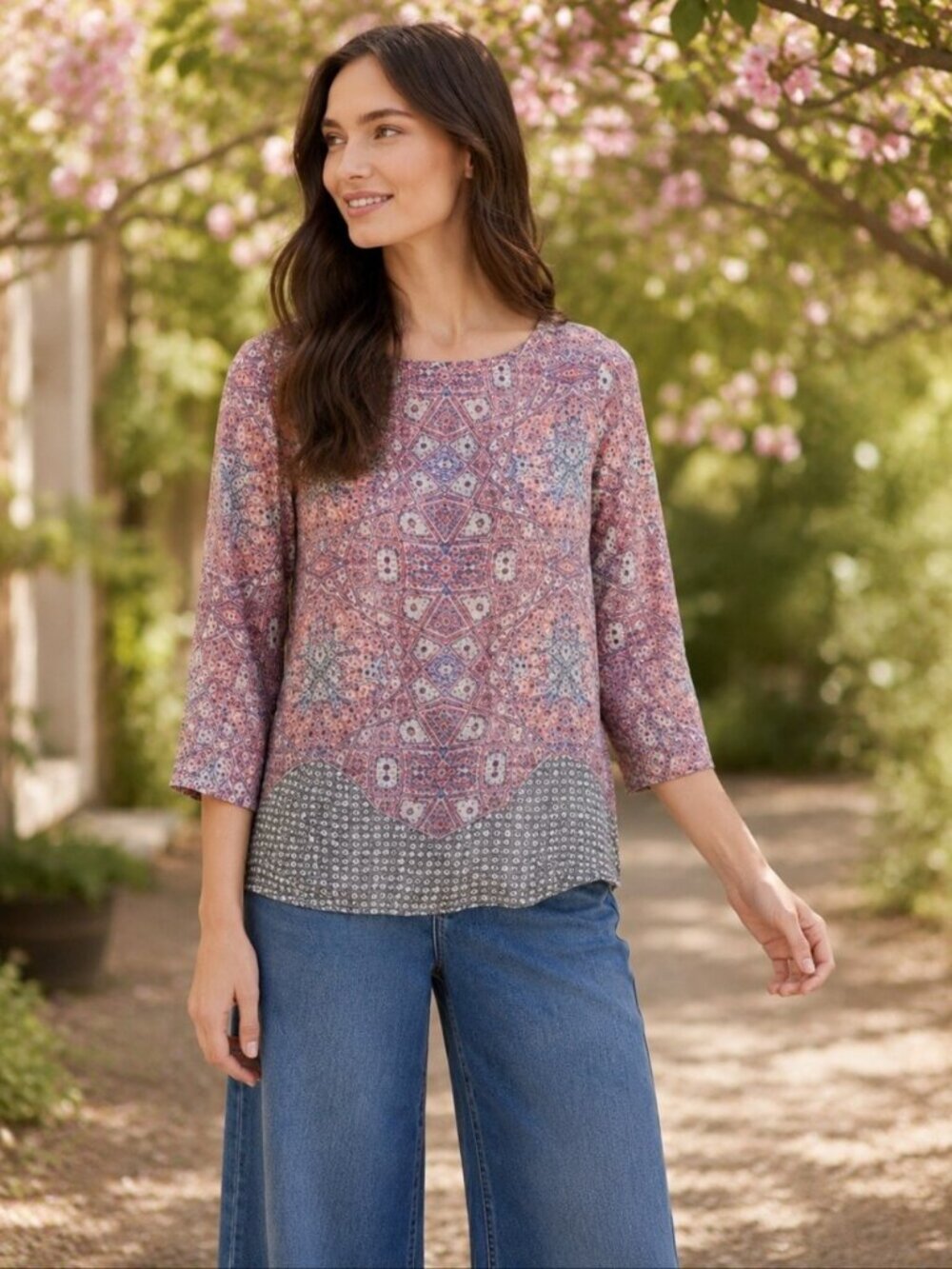 Anthropologie Maeve Sidney 100% Silk Mosaic Print Blouse w/ Buttons Down Back